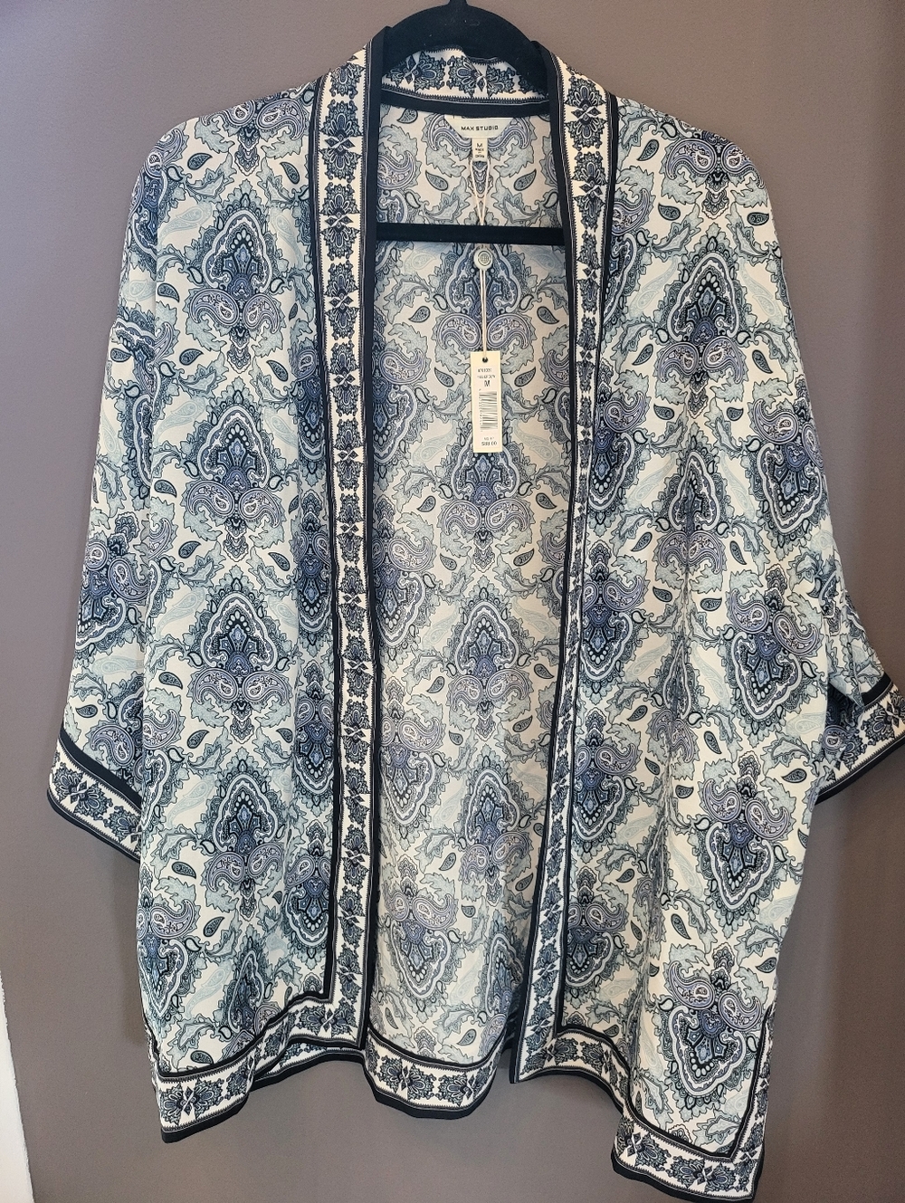 Max Studio Blue And White Paisley Open Cardigan
